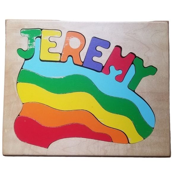 Handmade Wooden Baby Boy's Custom Name Jeremy Rainbow Puzzle Nursery Wall Decor - Picture 1 of 7